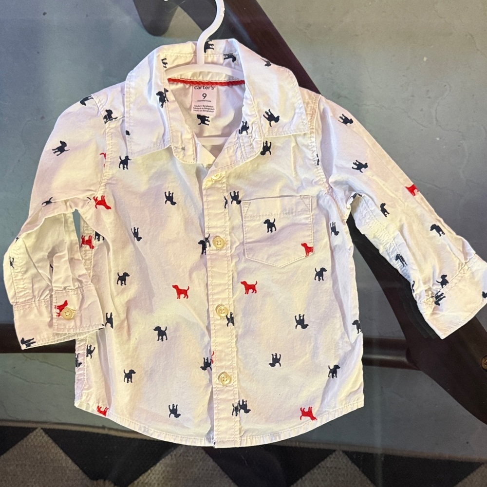 Carter's White Button Down Shirt with Red and Blue Animal Print